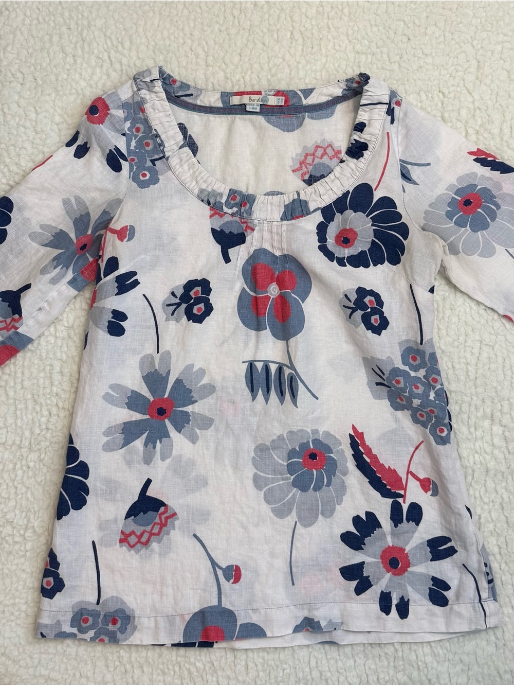 Boden White Linen Top with Blue and Red Floral Detail